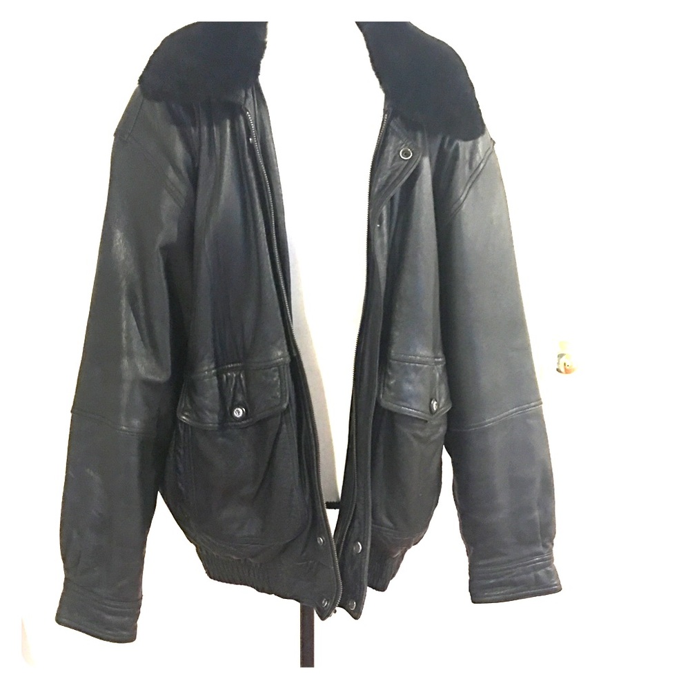 Shearling fur leather bomber jacket large black - Picture 8 of 8